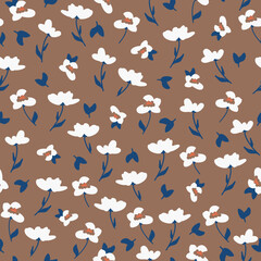 Simple vintage pattern. white  flowers, blue leaves . brown  background. Fashionable print for textiles and wallpaper.