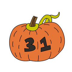Vector hand drawn illustration of a pumpkin with number 31. Great for Halloween design.