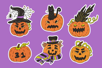 Jack o lantern stickers set.  Hand drawn vector illustrator of halloween pumpkins. White outlines.