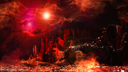 3D Rendering of an Abstract Alien Planet Terrain with Terrifying Atmosphere