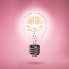 3D Rendering of a Human Brain Glows inside of a Light Bulb