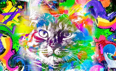 Foto op Plexiglas abstract colorful cat muzzle illustration, graphic design concept © reznik_val