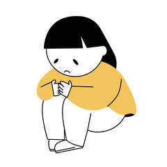 A vector illustration of a child holding his knees with both arms.