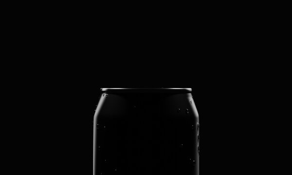 Close up top of Cola or Beer can container in the dark with studio lighting and condensate water droplet on aluminium surface. Food drink and beverage concept. 3D illustration rendering