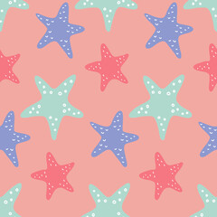 Fototapeta na wymiar Starfish pink blue seamless pattern for nautical design