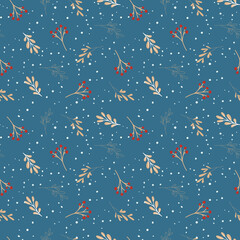 Winter seamless vector pattern with Holly berries and leaves. Part of the collection of Christmas backgrounds. Can be used for wallpaper, fill patterns, surface texture, fabric prints.