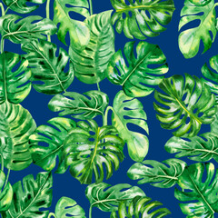 Monstera leaves seamless watercolor pattern. Green tropical leaves endless hand drawn background. Exotic natural wallpaper. Print for textiles and clothes.  