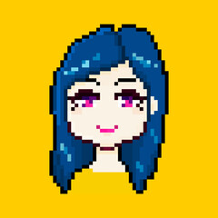 Pixel anime female character, bright girl with long blue hair