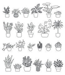 Fototapeta na wymiar Stroke home plant set, vector outline houseplants in pots