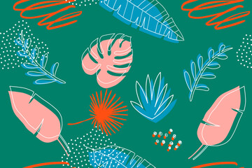Vector hand drawn seamless pattern with tropical leaves on a green background. Monstera, banana leaves, dots and doodles. Trendy wallpapers, textiles.