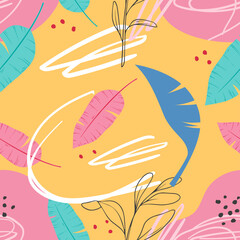 Fototapeta na wymiar Seamless tropical leaves. Wallpaper. Pattern. For banner, postcard and posters. Vector. Hand drawn doodle elements: dots, circles, doodles.