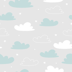 Vector hand drawn modern childrens wallpaper. Airy cute clouds and stars on a grey background. Seamless pattern. Scandinavian style. To decorate a child's room. Wallpaper for a little princess.
