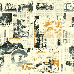 Seamless pattern in grunge style with magazine and newspaper fragments. Abstract vector background with illegible text, headlines, illustrations and human eyes. Wallpaper, wrapping paper, fabric