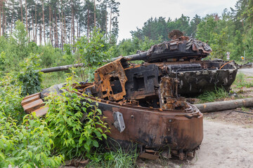Russian tanks destroyed on forest edge, invasion of Ukraine, 2022