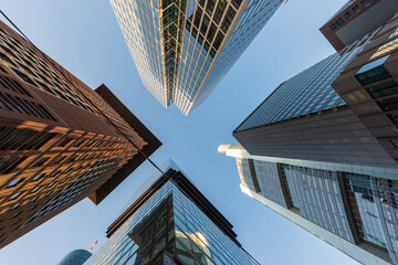 Looking up at skyscrapers in the banking district of Frankfurt.  - obrazy, fototapety, plakaty