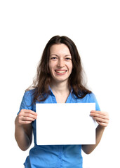 Smiling middle-aged woman with freckles holding empty blank paper sheet on white background, having idea, want to speak.