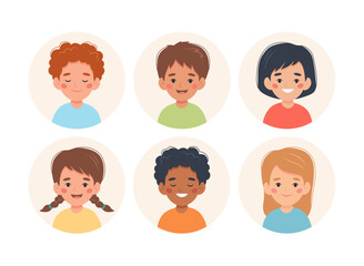 Children set, little boys and girls of different nationalities in circle avatars. Vector illustration in flat cartoon style