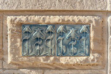 09 October 2016 : detail of azulejos panel in the museum de Arte Nova de Aveiro in Aveiro, Portugal	
