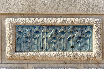 09 October 2016 : detail of azulejos panel in the museum de Arte Nova de Aveiro in Aveiro, Portugal	
