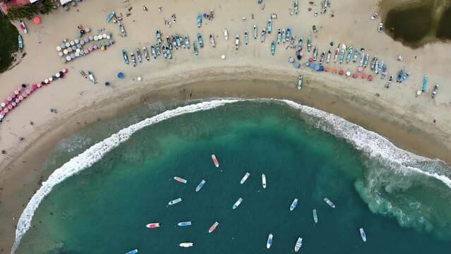 Natural Bay Beach Aerial Drone Fly Above Sand Turquoise Sea Water Sailing Boats