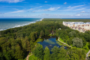 The lake near new residential area in Zelenogradsk, view from drone