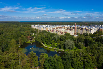 The new residential area near lake in Zelenogradsk, view from drone