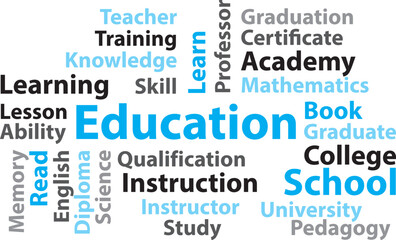 Education word cloud. Blue vector illustration poster banner.