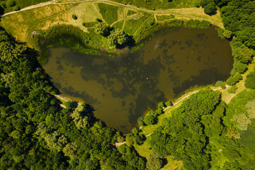 Lake of Ashmann park in Kaliningrad, view from a drone