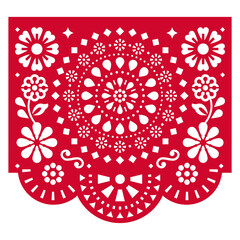 Papel Picado vector design with geometric mandala and  flowers, Mexican cutout paper garland decoration in red on white background
- 519977136