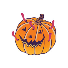 Hand-drawn spooky pumpkin. Scary pumpkin with worms for halloween. Vector clipart in cartoon style. Illustration isolated on white background.