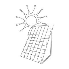 One continuous line drawing of Solar panel with sun. Green clean energy in simple linear style. Renewable and sustainable resources logo. Editable stroke. Doodle vector illustration