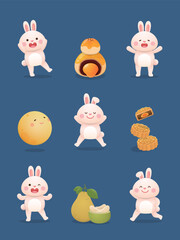 Asian traditional festival mid-autumn festival, set of rabbits and moon cakes with pomelo and moon, cute and playful mascot cartoon characters