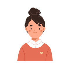 School girl face portrait. Smiling child with hair bun. Cute schoolgirl head avatar. Happy little kid student, primary pupil, schoolchild. Flat cartoon vector illustration isolated on white background