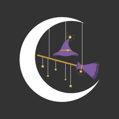 Purple hat and broom witch magic hanging on white crescent moon and stars dark black background flat vector icon design.