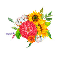 Bouquet of yellow sunflowers and red zinnia flowers, watercolor on white background. Sunlight, sun flower. For decorating stationery, textiles, clothes, pillows
