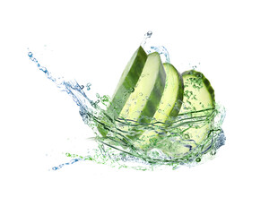 Slices of fresh cucumber and splashing water on white background
