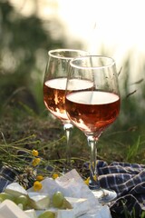 Delicious rose wine, cheese and grapes on picnic blanket near lake, closeup