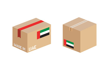 box with UAE flag icon set, cardboard delivery package made in United Arab Emirates