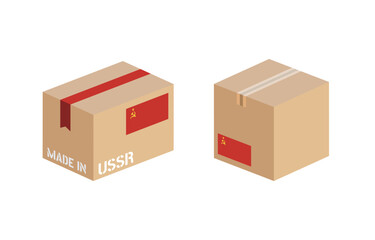 box with USSR flag icon set, cardboard delivery package made in Soviet Union