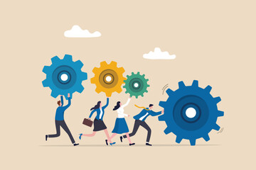 Business organization, people working together or teamwork to help success mission, cooperation or community concept, businessman and woman people holding cogwheels gear to build organization. - obrazy, fototapety, plakaty