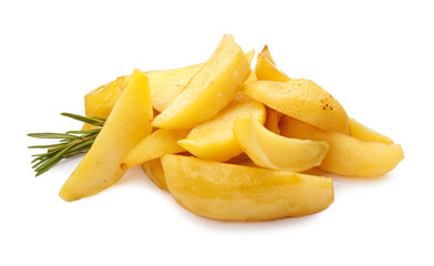Tasty baked potato wedges with rosemary on white background