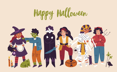Happy Halloween banner with cute kids disguised in carnival, holiday party costumes. Helloween background with funny creepy children characters, vampire, witch. Colored flat vector illustration
