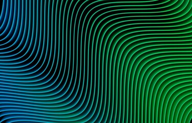 Blue-green abstract background of repeating dynamic curved lines, background with optical movement of colored lines, 3d render