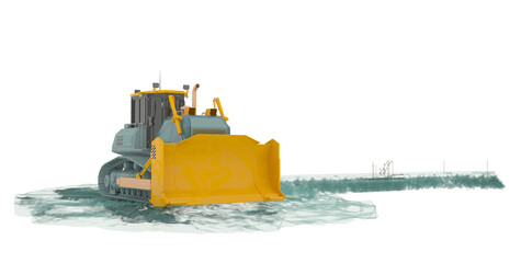Schematic of a heavy tracked bulldozer on the background of an oil or gas berth. Coastal protection. Isolated. 3d-rendering