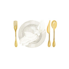 Dinner plate, gold knife and fork.  Isolated object on a white background. Hand-drawn watercolor illustration.