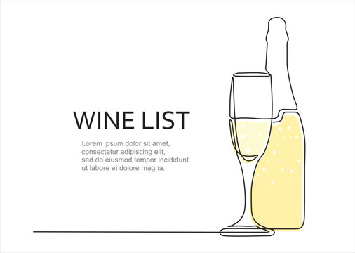 Wine list. one continuous drawn line of the bottle and a glass. Line art. a bottle of champagne with a wine glass. Illustration with quote template. Can used for logo, emblem, slide show and banner.