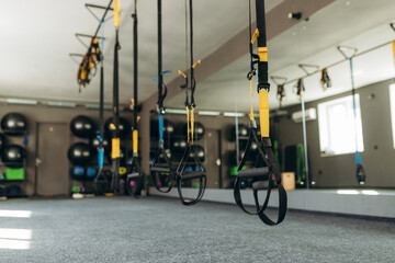 Sport accessories fitness and gym workout items for Healthy: training straps loop equipment. Close up loop functional training equipment