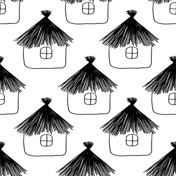Seamless pattern of russian rustic huts. Set of old daubed houses.