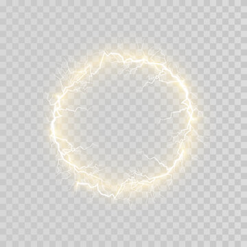 Ball golden lightning on a transparent background. Vector illustration, abstract electric lightning in the dark blue sky. Light flash, thunder, spark.