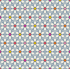Retro geometric flower seamless pattern with hexagon background.